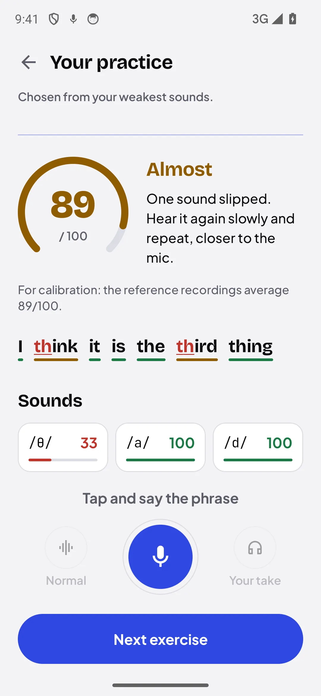 A real Glosso result: the sentence "I think it is the third thing" scored 89 out of 100, and the sounds panel flags /θ/ at 33 while /a/ and /d/ sit at 100.