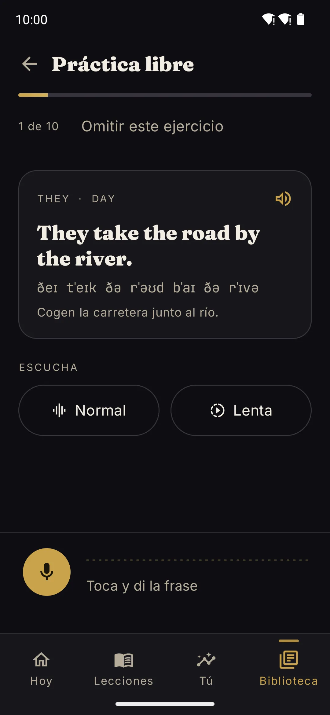 Pantalla de práctica libre de Glosso: la frase "The path goes past the north gate." con su transcripción IPA y el par de sonidos PATH / PASS, lista para grabar.