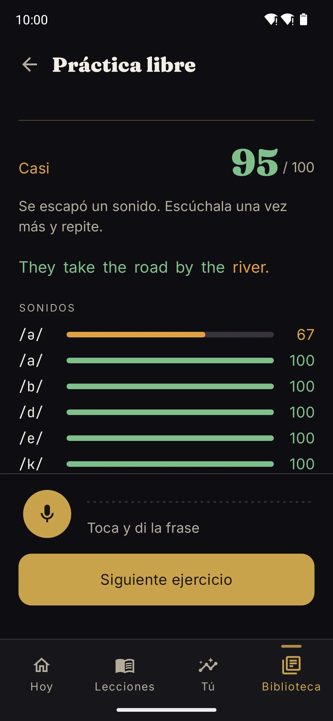Un resultado real de Glosso: la frase "I think it is the third thing" puntuó 89 sobre 100, y el panel de sonidos muestra /θ/ en 33 y el resto de sonidos en 100.