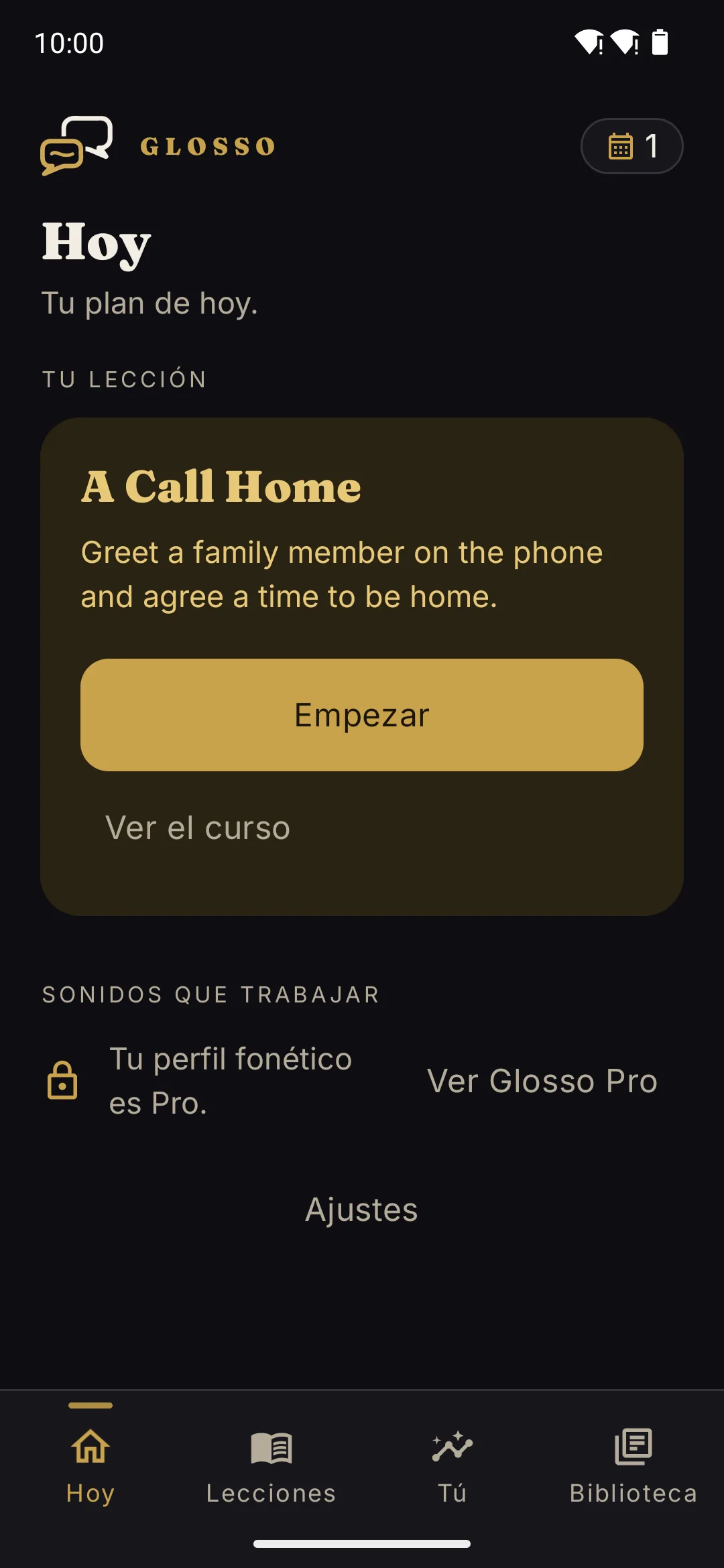 Pantalla Hoy de Glosso: la lección de hoy "A Call Home" y los sonidos que trabajar, de más flojo a menos, /θ/ en 56%, /ð/ en 60% y /ɪ/ en 66%.