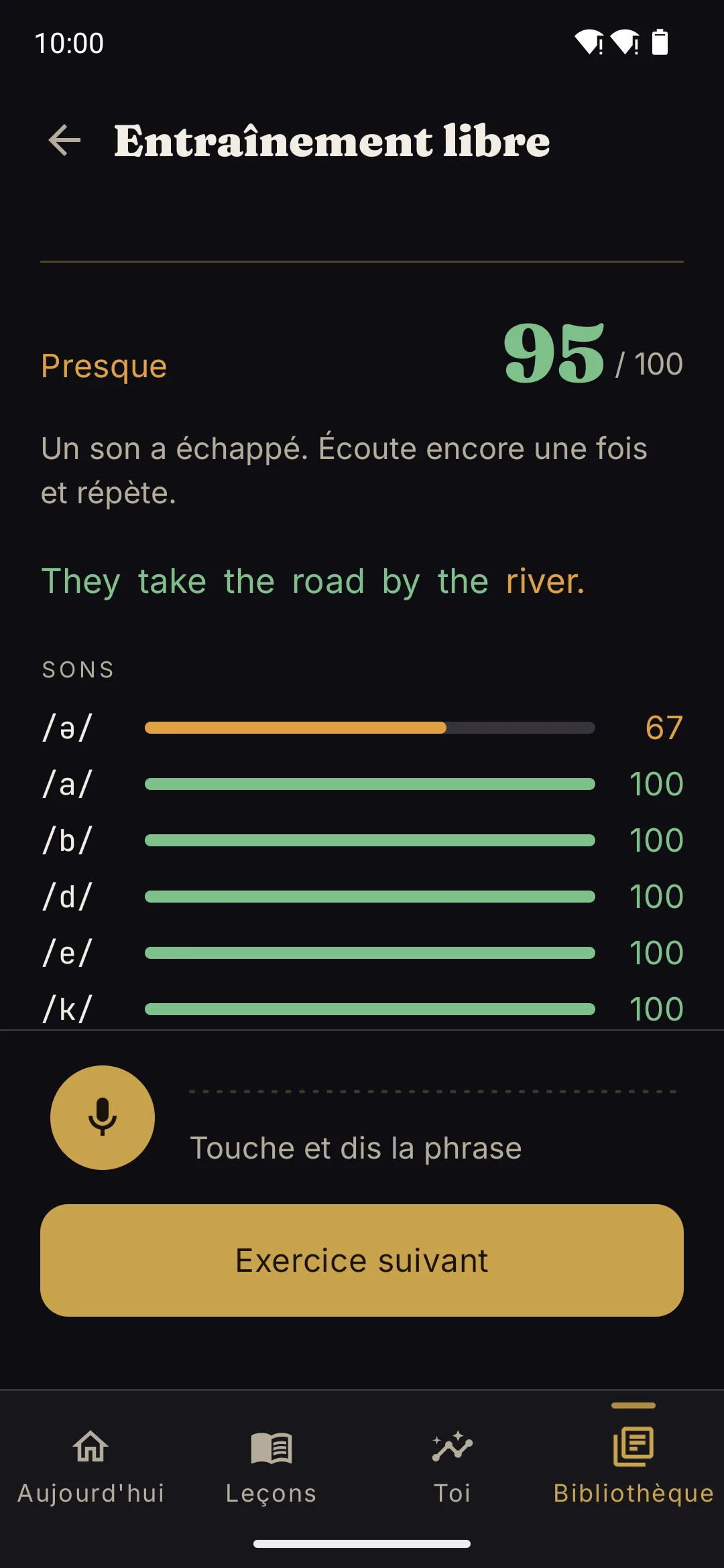 Un vrai résultat Glosso : la phrase « I think it is the third thing » a obtenu 89 sur 100, et le panneau de sons affiche /θ/ à 33 et tous les autres sons à 100.