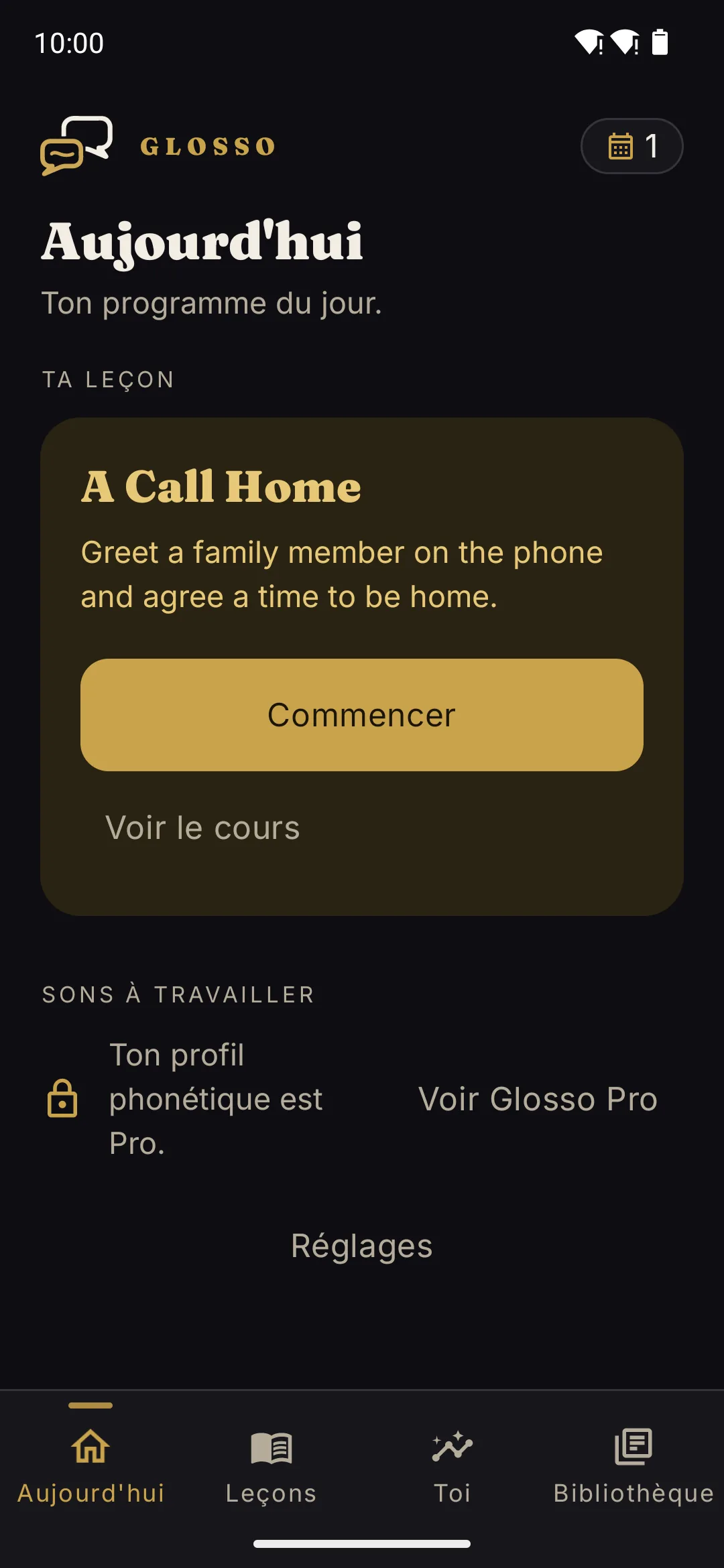 Écran Aujourd'hui de Glosso : la leçon du jour « A Call Home » et les sons à travailler, les plus faibles d'abord, /θ/ à 56 %, /ð/ à 60 % et /ɪ/ à 66 %.