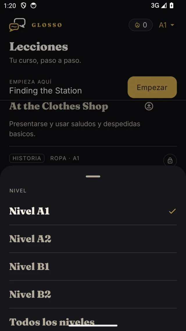 Level picker listing A1, A2, B1 and B2