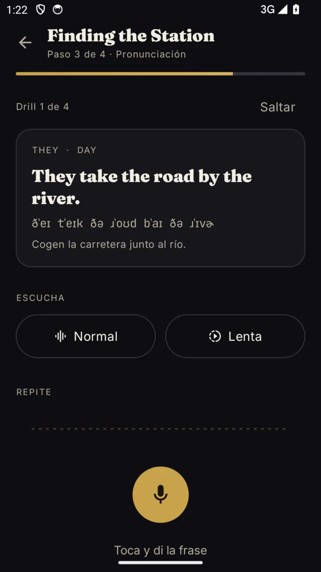 Glosso pronunciation screen showing an English sentence, its IPA transcription and a record button